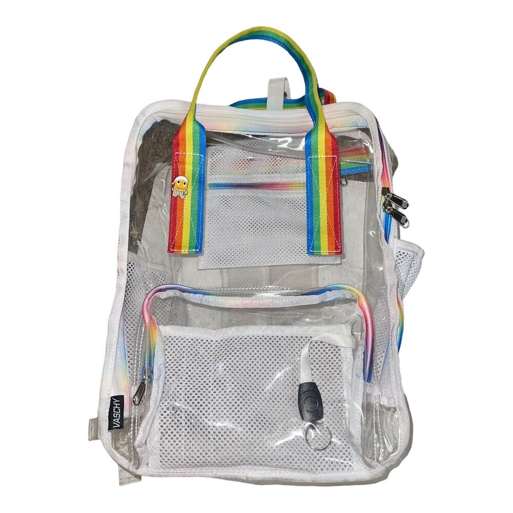 Clear backpack, Heavy Duty Transparent School Backpack Rainbow Straps